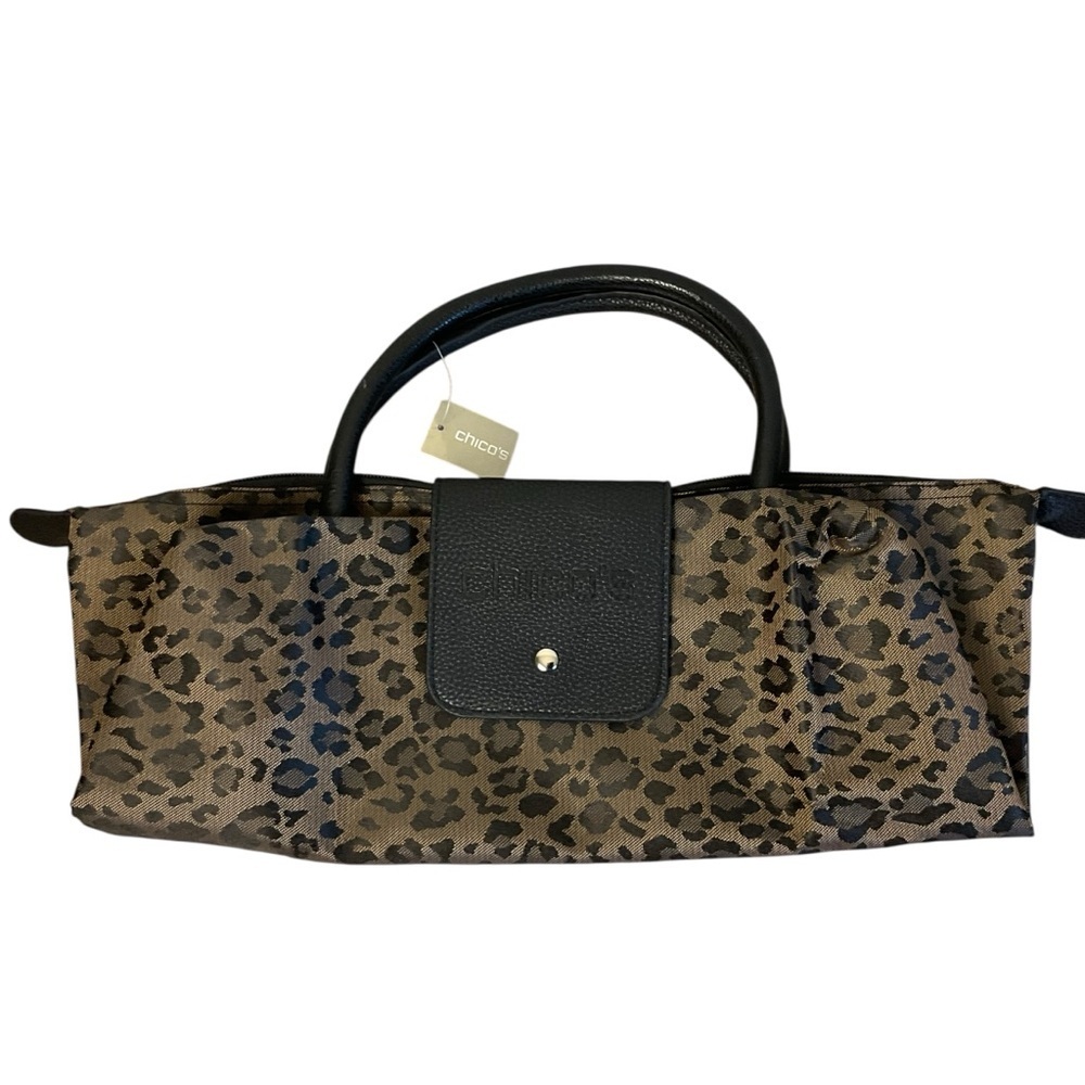 Leopard Print Foldable Tote Bag with Black Leather Trim — Chic Carryall - Picture 5 of 11
